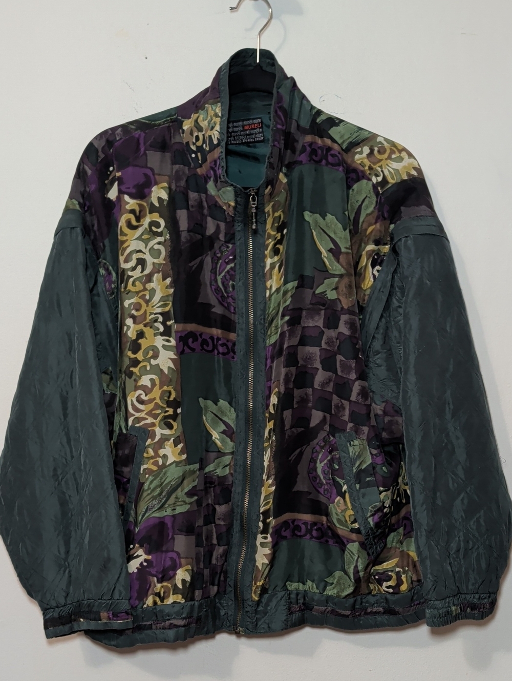 Mureli 100% Silk Vintage Bomber Jacket Green Purple Removable Sleeves Women's M